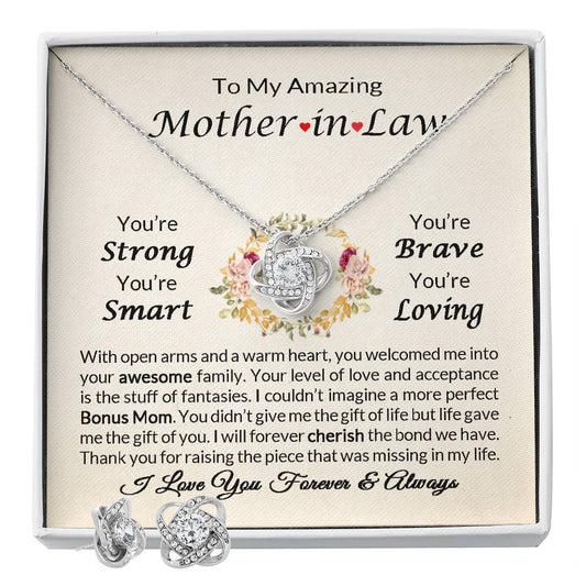 Gift For Bonus Mom Mother in Law From Son in Law or Daughter in Law Love Knot Necklace & Earring Set